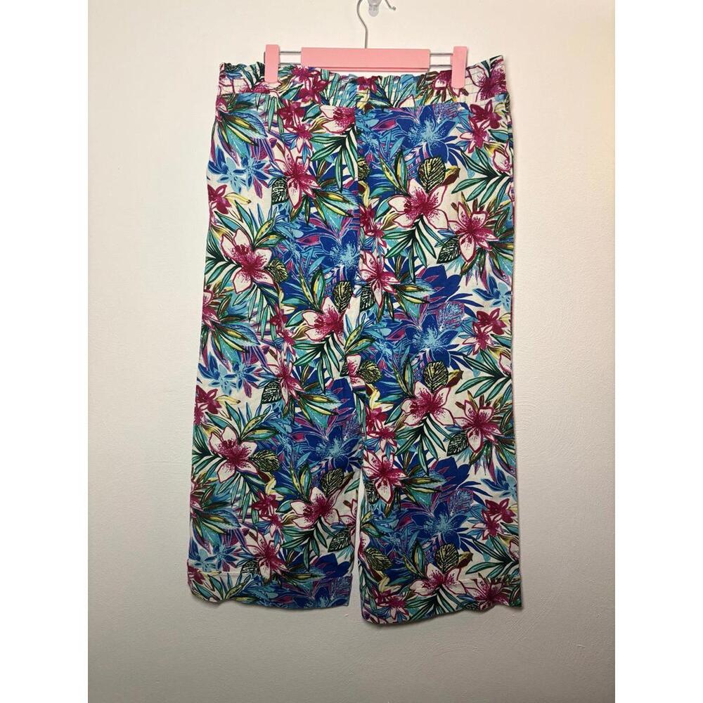 Caribbean Joe Linen Crop Wide Leg Floral Tropical Pants Size Large